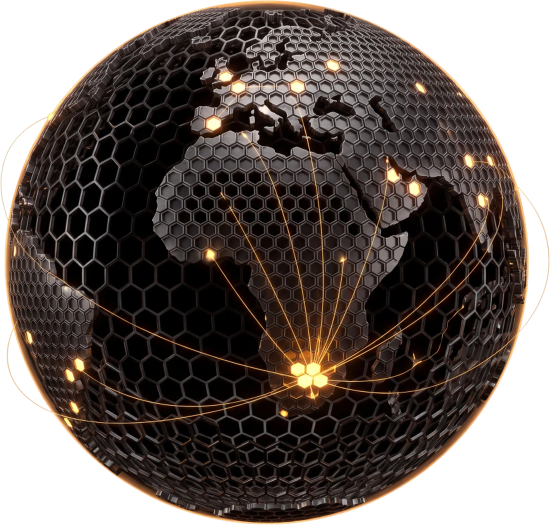 A globe built from a dark hexagonal lattice, with South Africa glowing amber and connection arcs reaching every continent