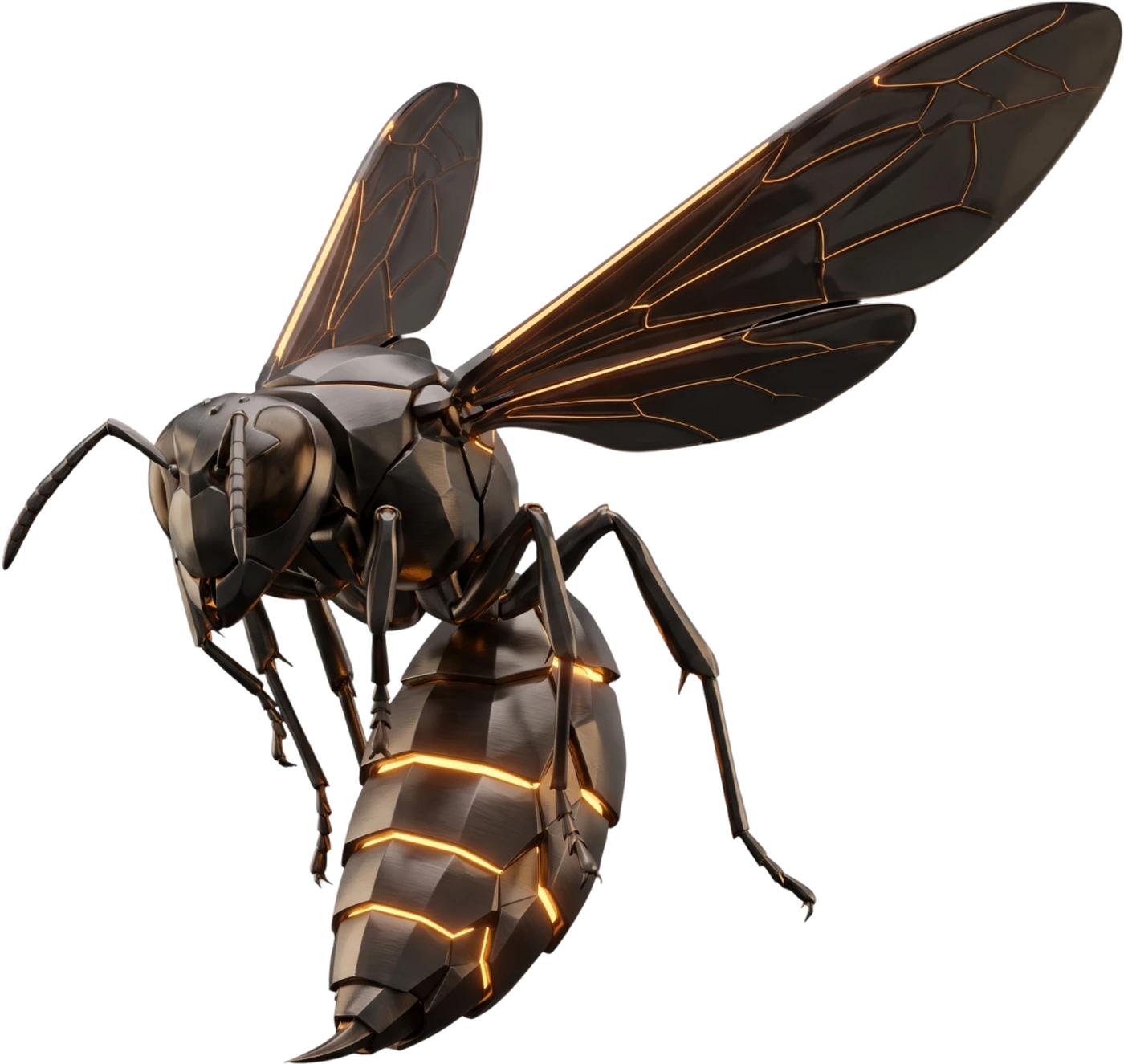 The HornetStrike hornet rendered in dark gunmetal with amber light between its armoured plates and along its wing veins